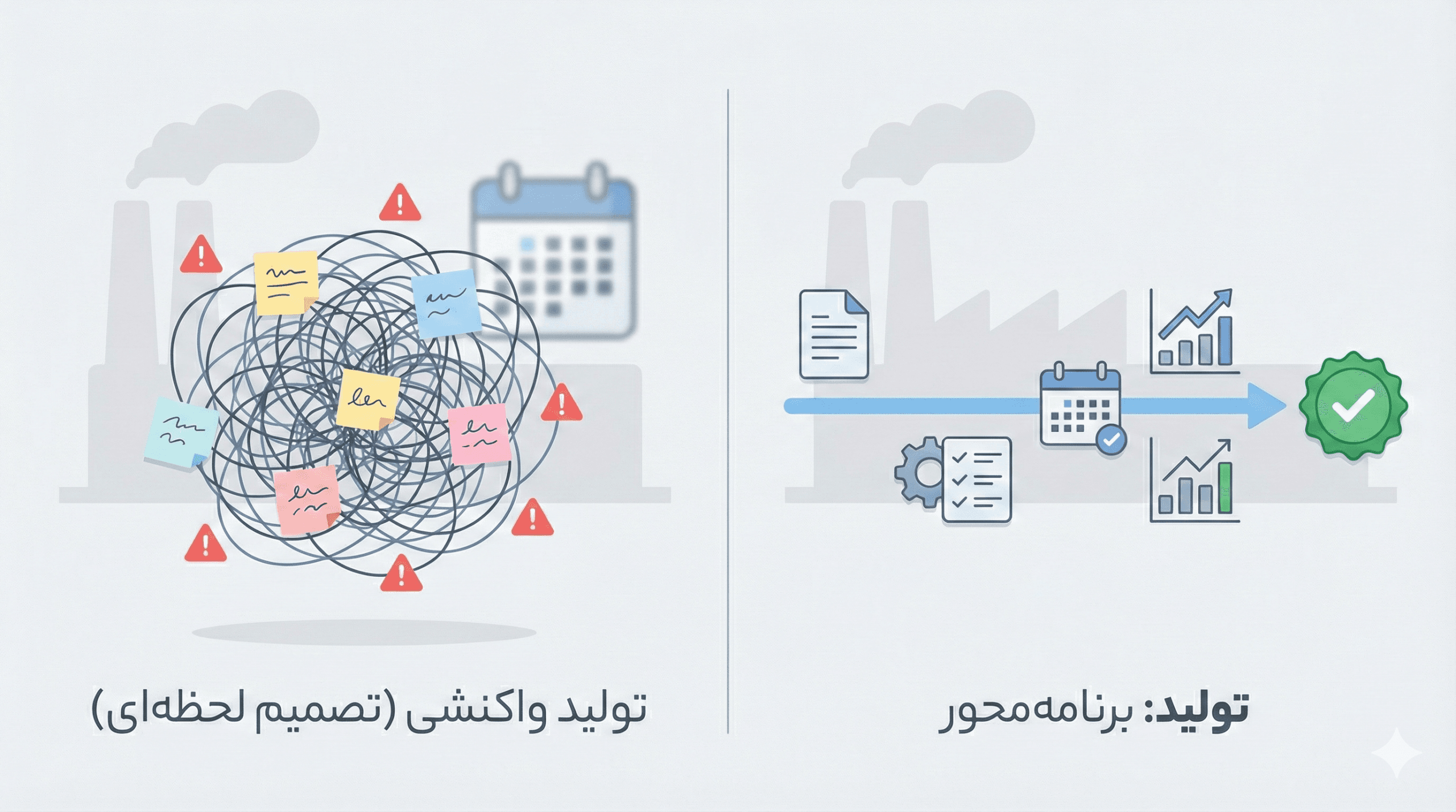 قبل و بعد برنامه‌ریزی تولید در سانا ERP (تصمیم لحظه‌ای در برابر برنامه تولید)