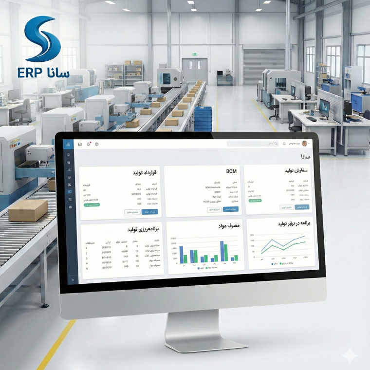 داشبورد ماژول تولید و برنامه‌ریزی تولید سانا ERP شامل قرارداد تولید، BOM، سفارش تولید و کنترل مصرف مواد با ارتباط مستقیم با انبار